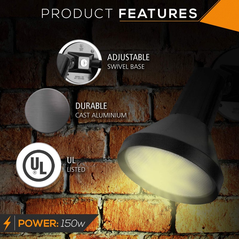 Ciata 15" Outdoor Security Flood Light 1 Head with Heavy Duty Cast Aluminum Body 150W PAR38 Weather Proof Black Finish - Image 2